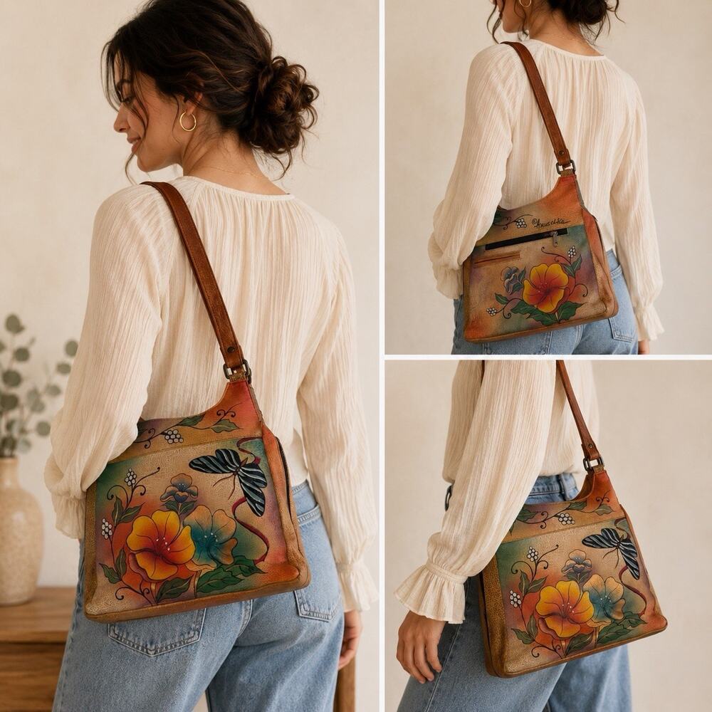 ANUSCHKA Shoulder Bag Satchel Leather Hand-Painted Butterfly Floral W/ Signature